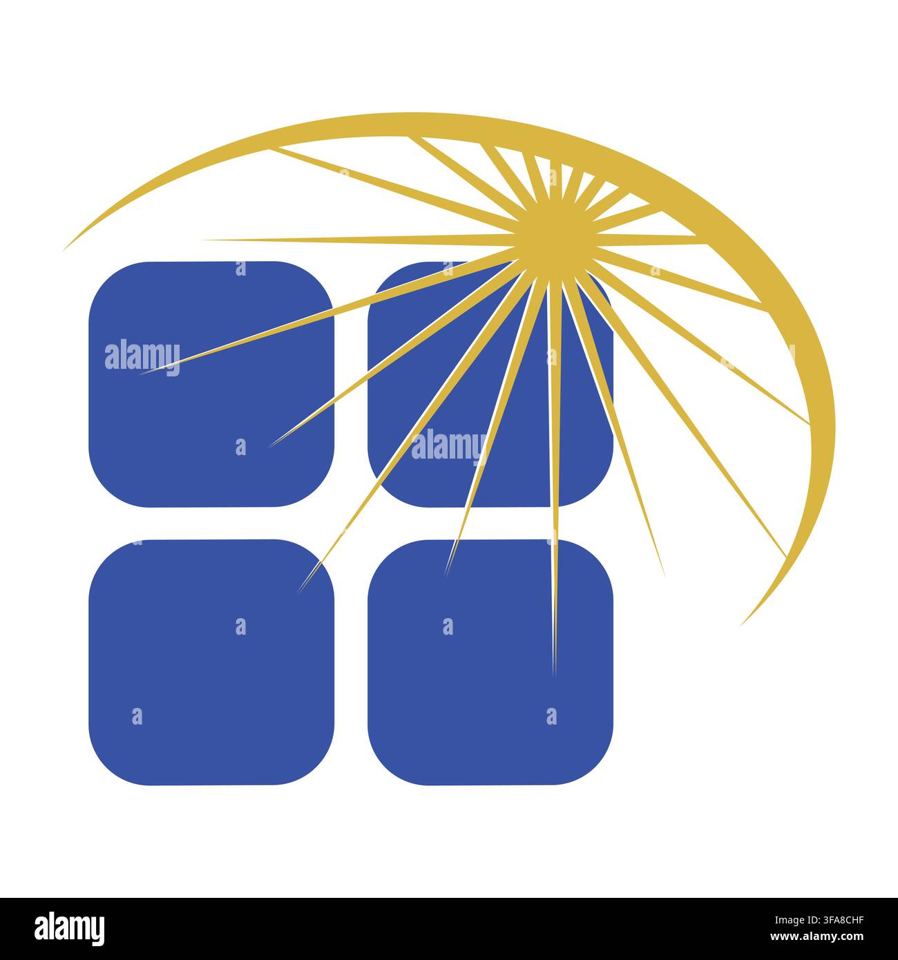 Un logo vettoriale pulito con pannelli solari blu e un arco sole dorato, che rappresenta le energie rinnovabili. Illustrazione Vettoriale
