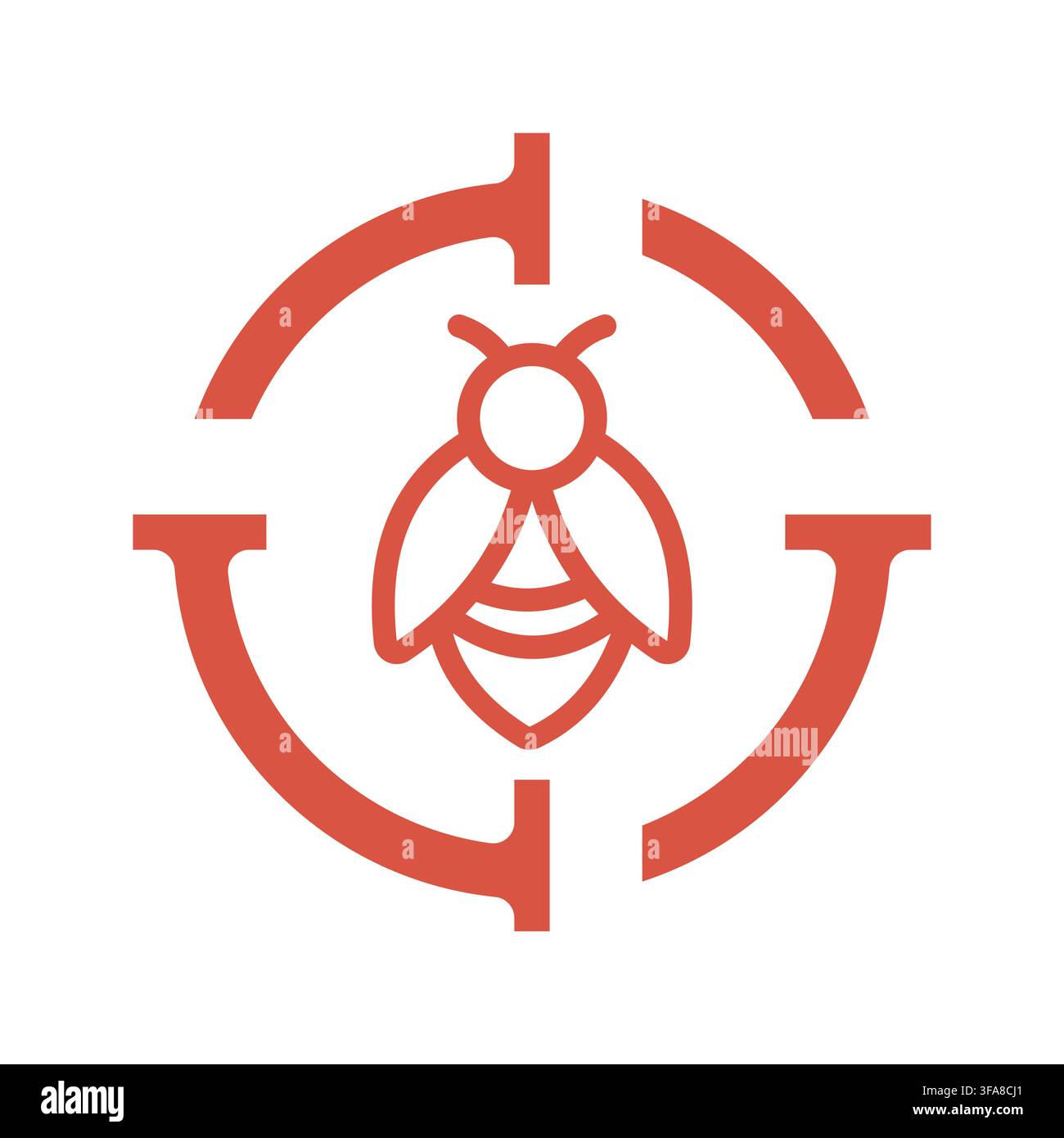 Un'icona minimalista rossa a contorno di un'ape all'interno di un simbolo a croce di mira su sfondo bianco. Illustrazione Vettoriale
