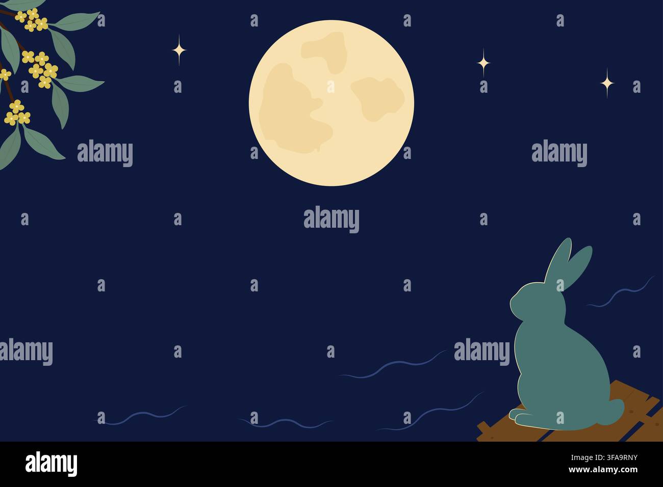 Banner del festival con silhouette di coniglio di giada e luna piena per il festival di metà autunno Spazio libero Modello. Utilizzo per poster, banner, auguri, biglietti tematici, inviti o social media del festival di metà autunno Illustrazione Vettoriale