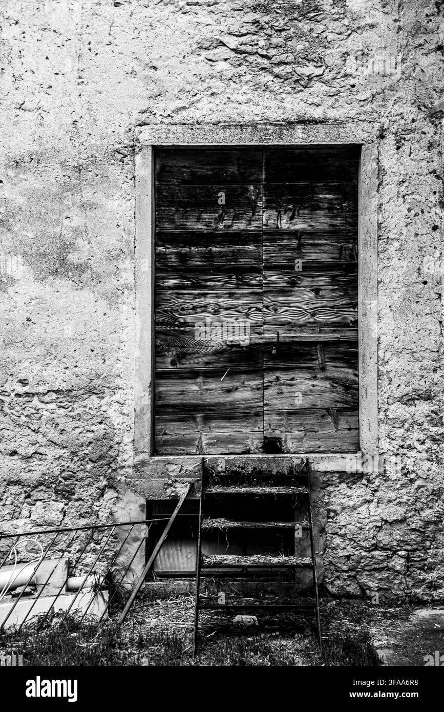 porta in legno vintage consumata dal tempo con stipiti in pietra e scale di ferro arrugginite da salire Foto Stock