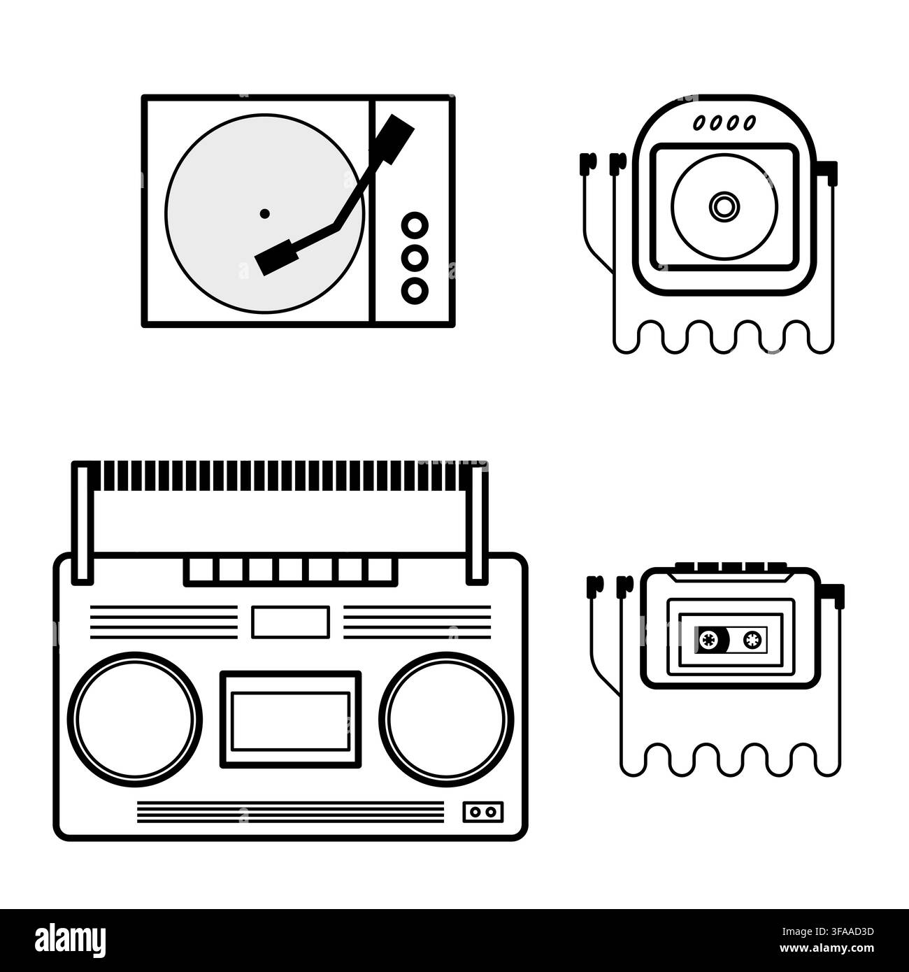 Set di icone outline di gadget audio retrò degli anni '90, giradischi, lettore CD, boombox, walkman su sfondo bianco. Illustrazione Vettoriale