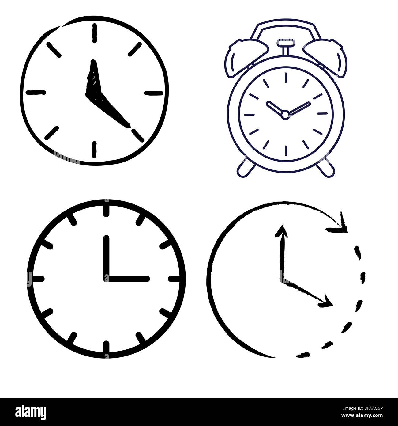 Set di quattro semplici icone a orologio in bianco e nero che rappresentano la gestione del tempo e le scadenze. Illustrazione Vettoriale