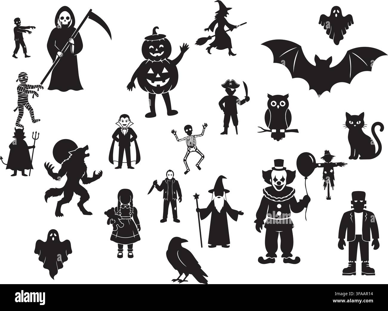 Silhouette di personaggi di Halloween con strega, vampiro, mummia, zombie, fantasma, lupo mannaro, mietitore, spaventapasseri, clown, gatto nero e pipistrello isolati su bianco Illustrazione Vettoriale