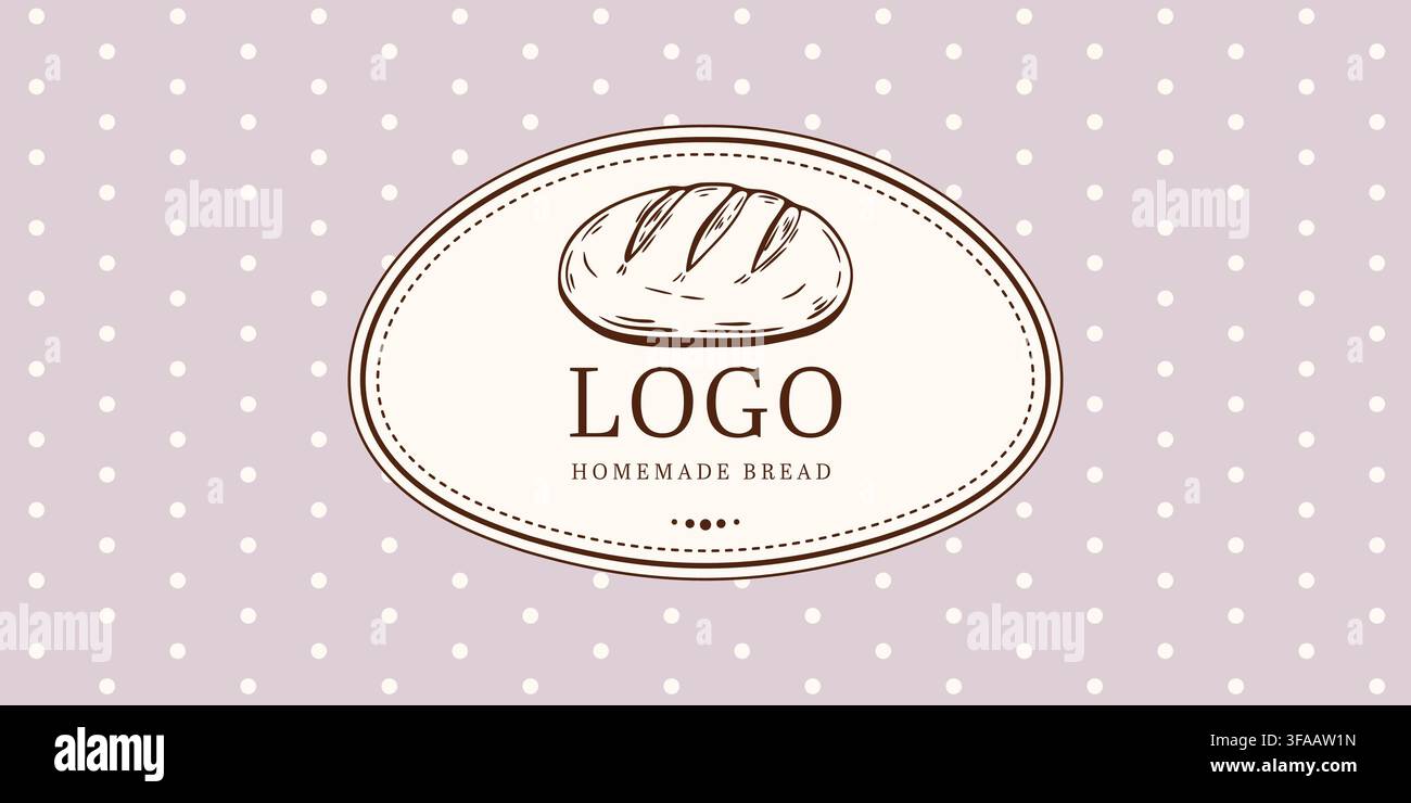 Etichetta da panetteria con logo del pane sfondo a pois senza cuciture cornice ovale e testo di pane fatto in casa Illustrazione Vettoriale