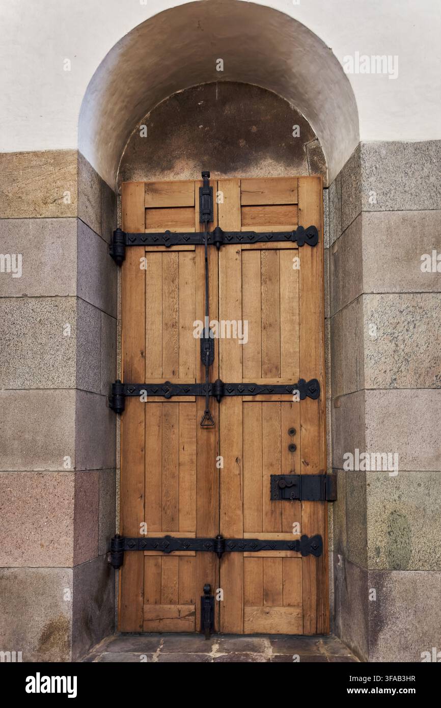 Vista della porta storica in legno con cardini e ferri decorati in ferro nero nella cattedrale di Ribe a Ribe, Danimarca. Foto Stock