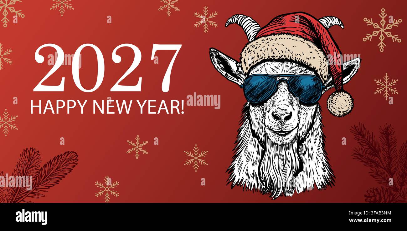 Banner rosso "Happy New Year 2027" per le vacanze della capra Illustrazione Vettoriale