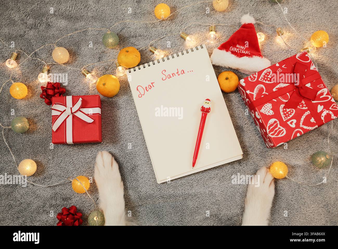 Un quaderno « Caro Babbo Natale » giace tra regali, fiocchi, arance, luci e le zampe di un Australian Shepherd. La composizione giocosa crea un'atmosfera festiva affascinante Foto Stock