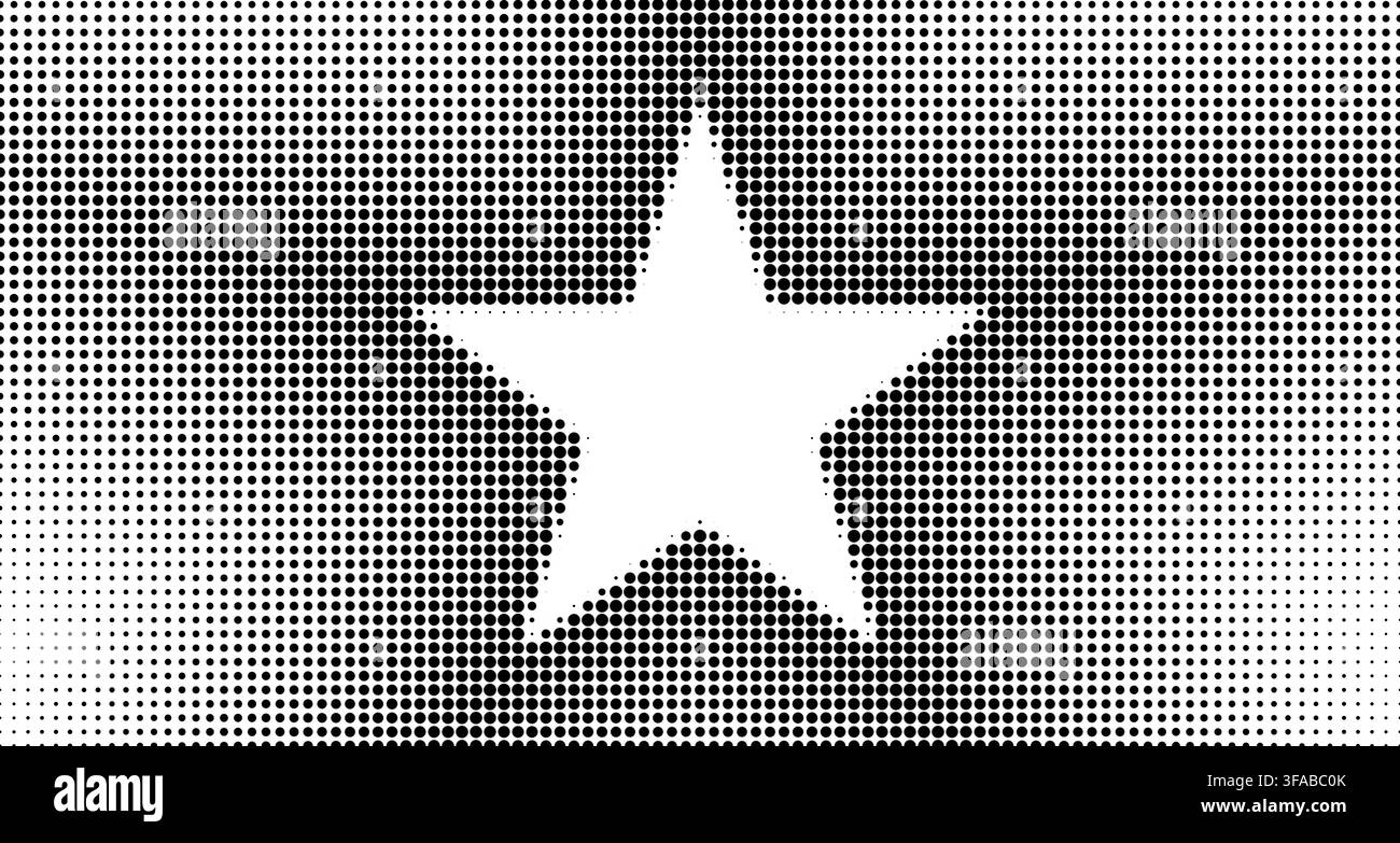 Modello a stella con punti mezzotono che creano una cornice pop art retrò. Lo sfondo sfumato presenta una trama pixelata e una forma geometrica decorativa con effetti in stile fumetto vintage. Illustrazione Vettoriale