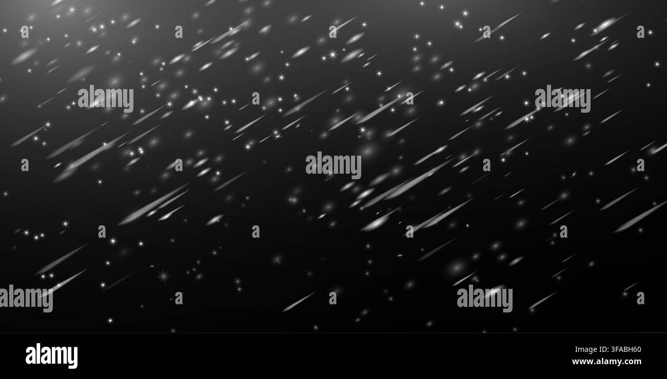 Scintille di neve autunnale e fiocco di neve invernale. Sovrapposizione di texture bianca con particelle, luccichio. Effetto luce sul ghiaccio. Nevicata isolata. Particelle vettoriali su nero Illustrazione Vettoriale