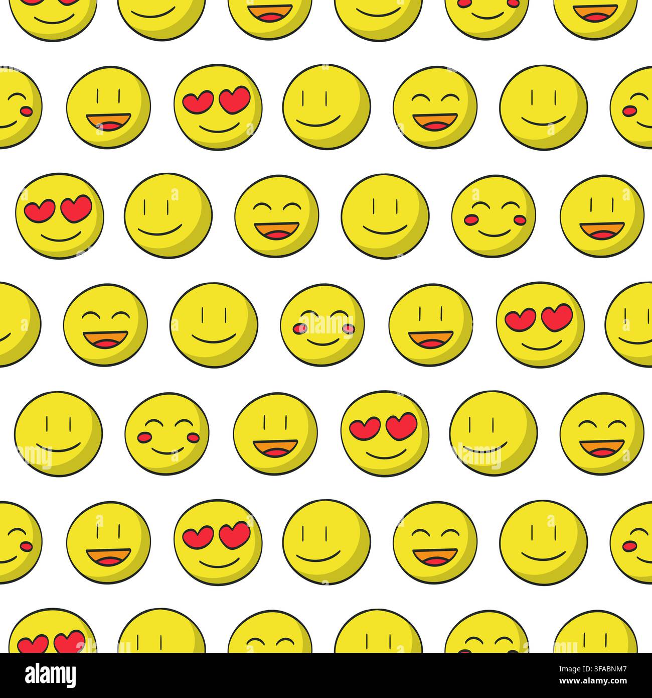 Modello senza cuciture di emoticons gialli. Emozione positiva – risate, amore, sorrisi. Illustrazione Vettoriale