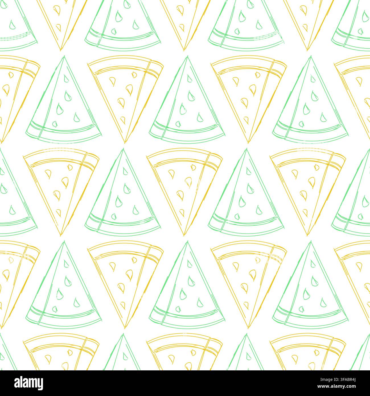 Modello senza cuciture di schizzo di un pezzo di anguria. Contorno giallo e verde. Motivo alimentare estivo. Illustrazione Vettoriale