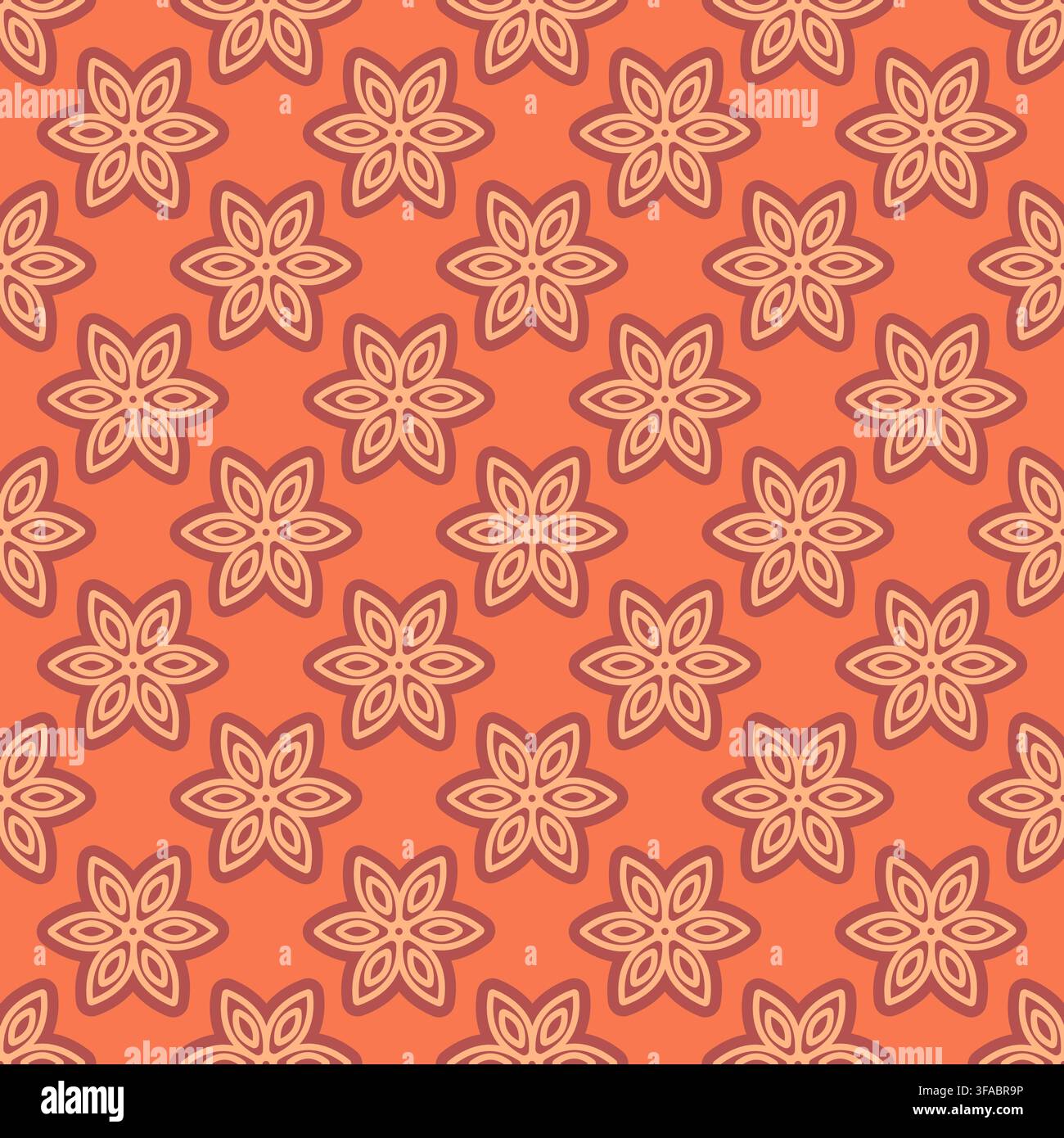 Modello senza cuciture di un fiore geometrico con tratto su sfondo arancione. Contorno di un fiore a sei foglie. Simmetrico. Illustrazione Vettoriale