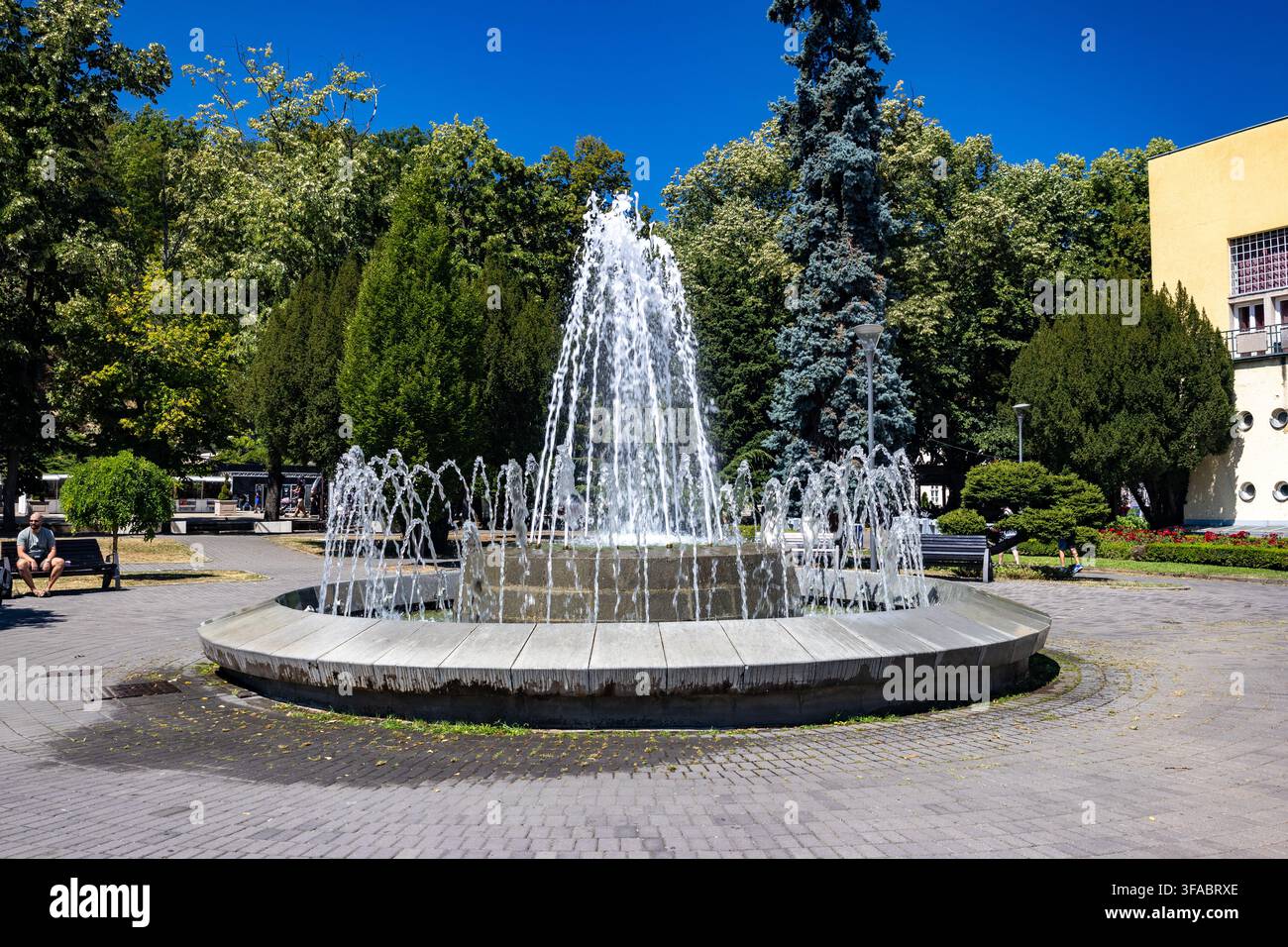 Vrnjacka Banja, Serbia - 15 agosto 2026: Fontana circolare nel centro di Vrnjacka Banja, una popolare stazione termale e meta turistica in Serbia. Foto Stock