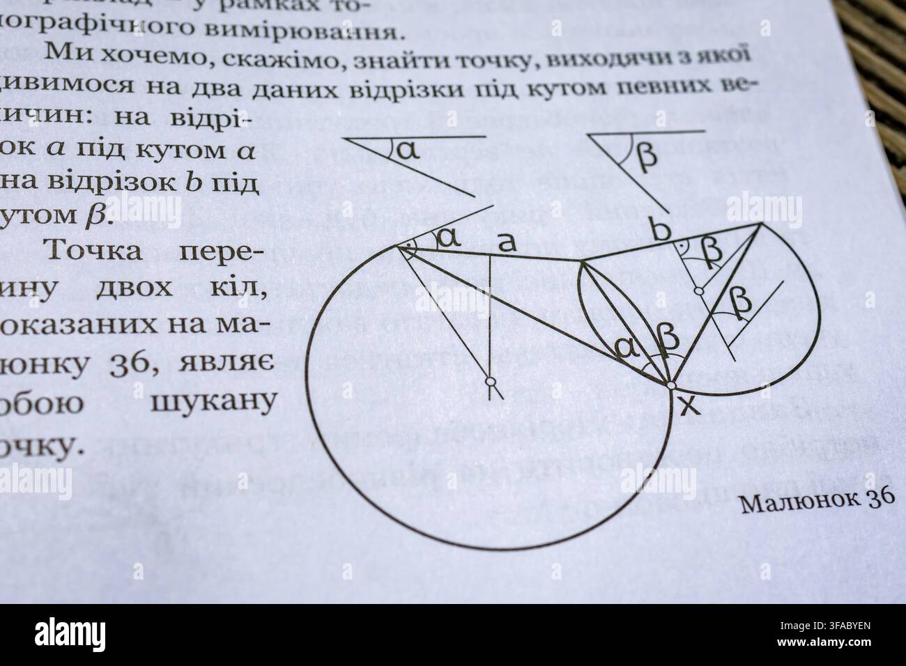 Pagina da un testo di geometria piena di segmenti circolari e angoli annotati alpha e beta che illustra costruzioni complesse per problemi analitici Foto Stock