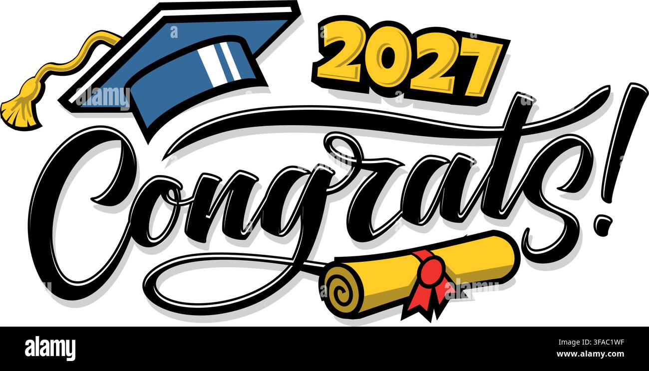 Congratulazioni agli laureati modello modificabile per biglietto di auguri, invito. Modello di design alla moda della classe 2027 con cappello da laurea, pergamena di diploma an Illustrazione Vettoriale