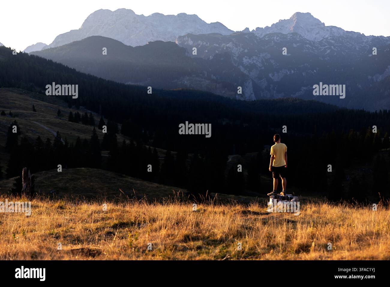 Un escursionista turista maschile in piedi su una roccia al tramonto, che guarda verso le panoramiche Alpi di Kamnik-Savinja dal plateau di Velika Planina, in Slovenia. Foto Stock