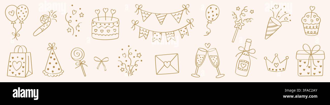 Collezione di doodle eleganti per feste di compleanno con torta a linea dorata, palloncini, bandierine, champagne, cupcake, regalo, corona, cappello da festa, coriandoli, cuori e Illustrazione Vettoriale