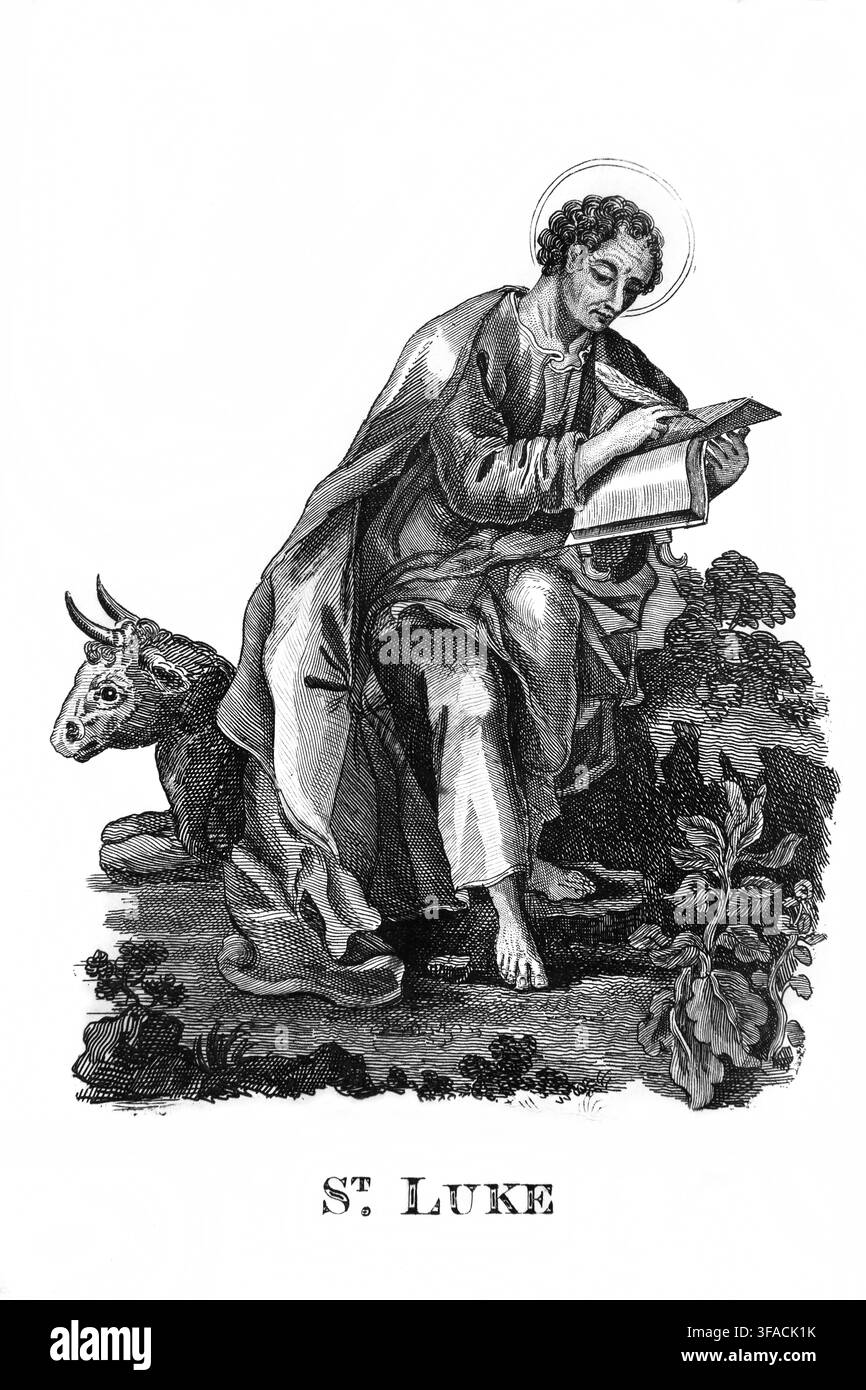 Incisione in rame di San Luca Evangelista con i suoi attributi, il bue, un libro e una penna, tratta da un'edizione del 1810 della Vita del nostro Signore e Salvatore Foto Stock