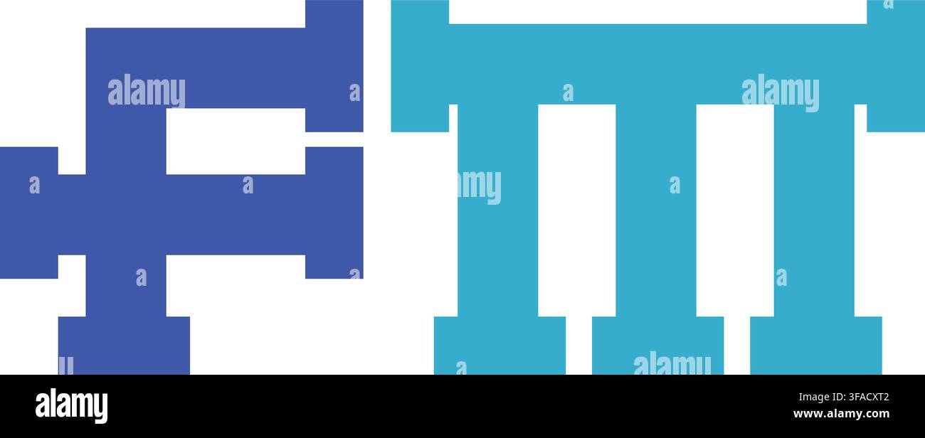 Lettere blu F e M che formano un design di logo monogramma stilizzato su uno sfondo semplice. Illustrazione Vettoriale