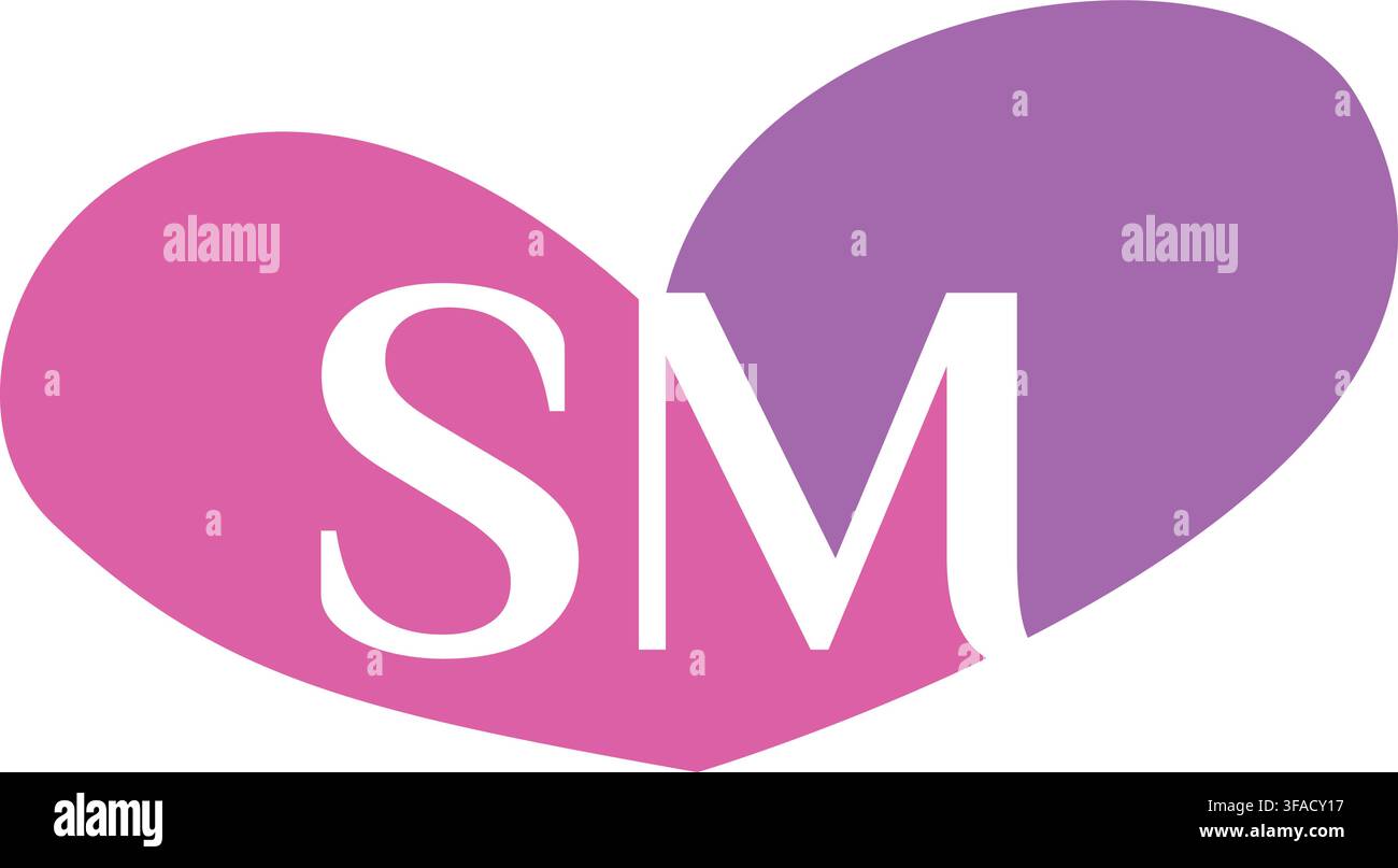 Le lettere SM in colore bianco visualizzate all'interno di una forma a cuore rosa e viola su uno sfondo bianco. Illustrazione Vettoriale