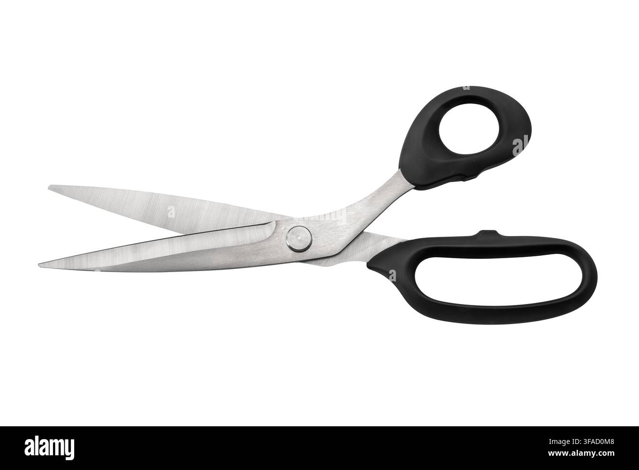 Forbici da cucito affilate in acciaio inossidabile con manici neri ergonomici isolati su bianco con percorso di ritaglio - vista dall'alto della classica forbice professionale per sarti Foto Stock