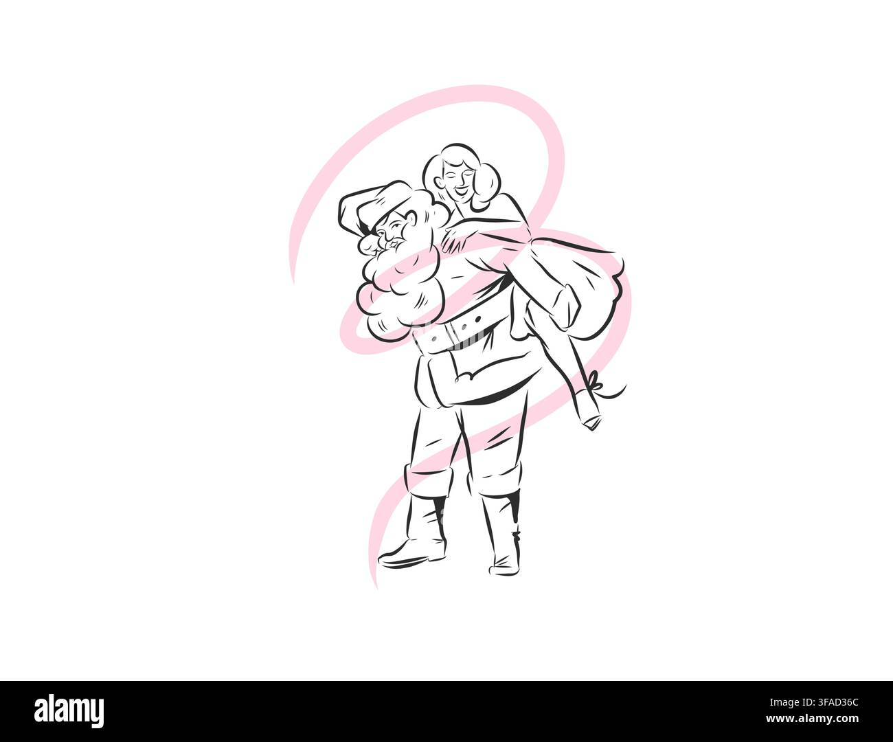 Babbo Natale che porta una donna Illustrazione vettoriale arte lineare natalizia, coppia festiva romantica e divertente, personaggio a contorno del Capodanno disegnato a mano e festoso Illustrazione Vettoriale