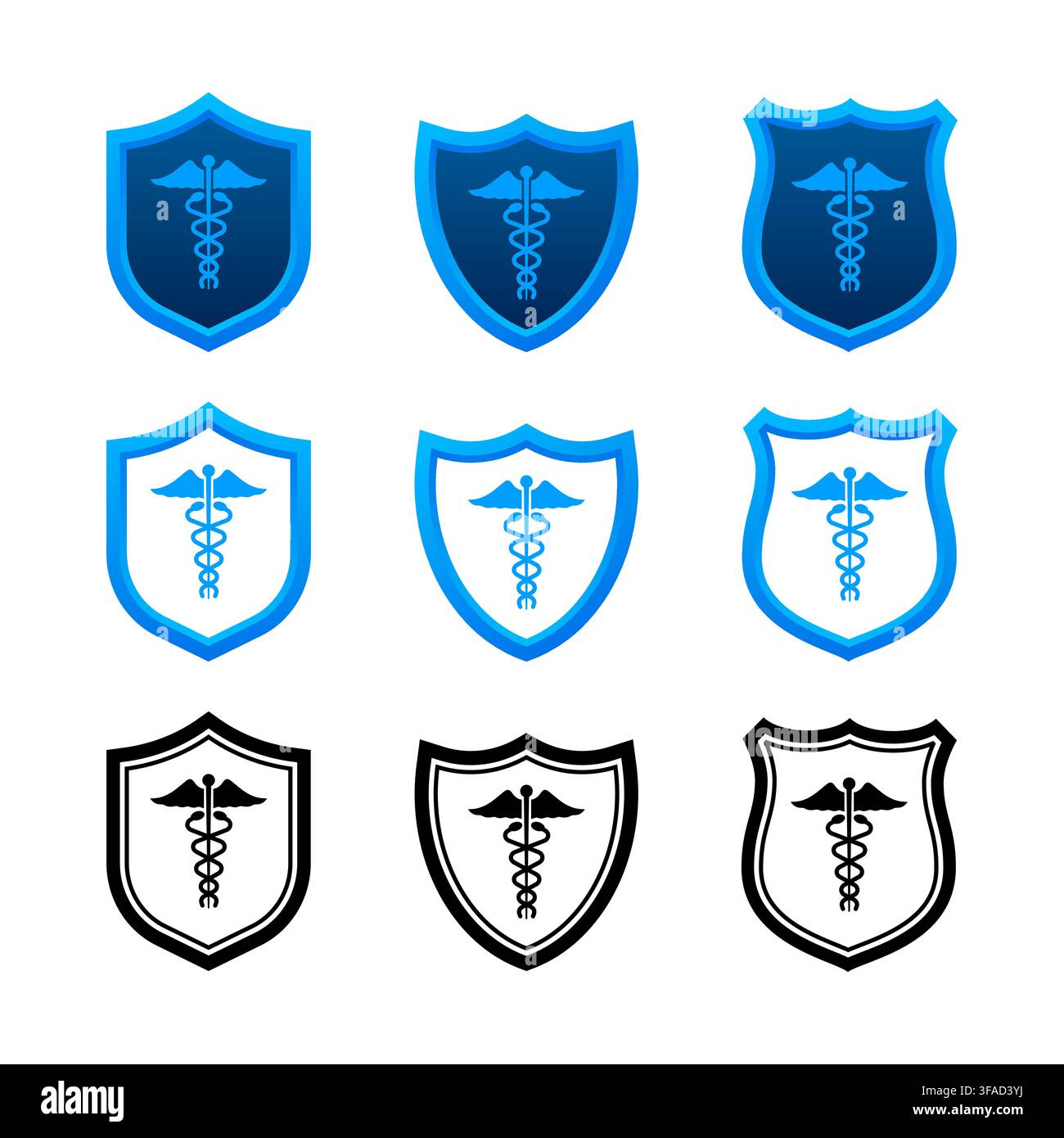 Icone dello scudo medico del caduceo per la protezione sanitaria Illustrazione Vettoriale