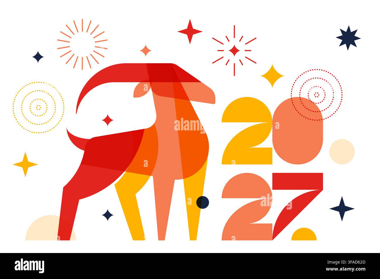 Vettore con vibrante capra geometrica e numeri tipografici. Simbolo del Capodanno cinese del 2027. Elemento di design artistico piatto per banner, poster Illustrazione Vettoriale