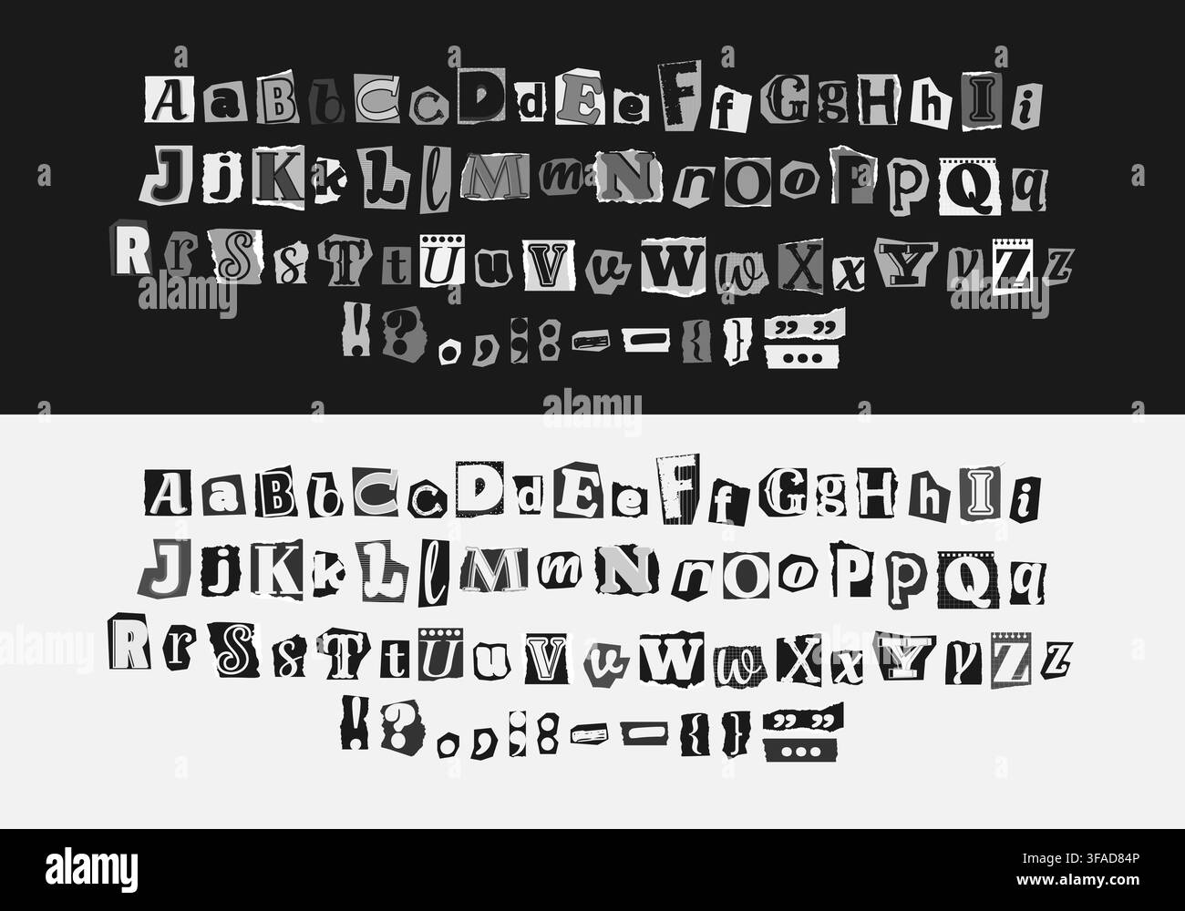 Carattere ritagliato su carta. Lettera di riscatto. Alfabeto ritagliato in bianco e nero per scrapbooking, tipografia per collage, segni di riviste per nota anonima. Vettore Illustrazione Vettoriale