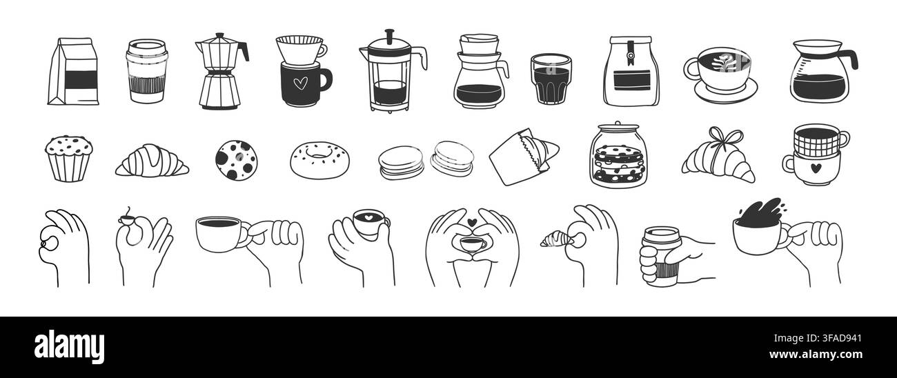 Elementi di caffè. Componenti per la colazione a doodle. Pasticceria disegnata a mano con pastelli, cibo, bevande, croissant, biscotti, tazze. Schizzo naif di ristorante, caffè, menù Illustrazione Vettoriale