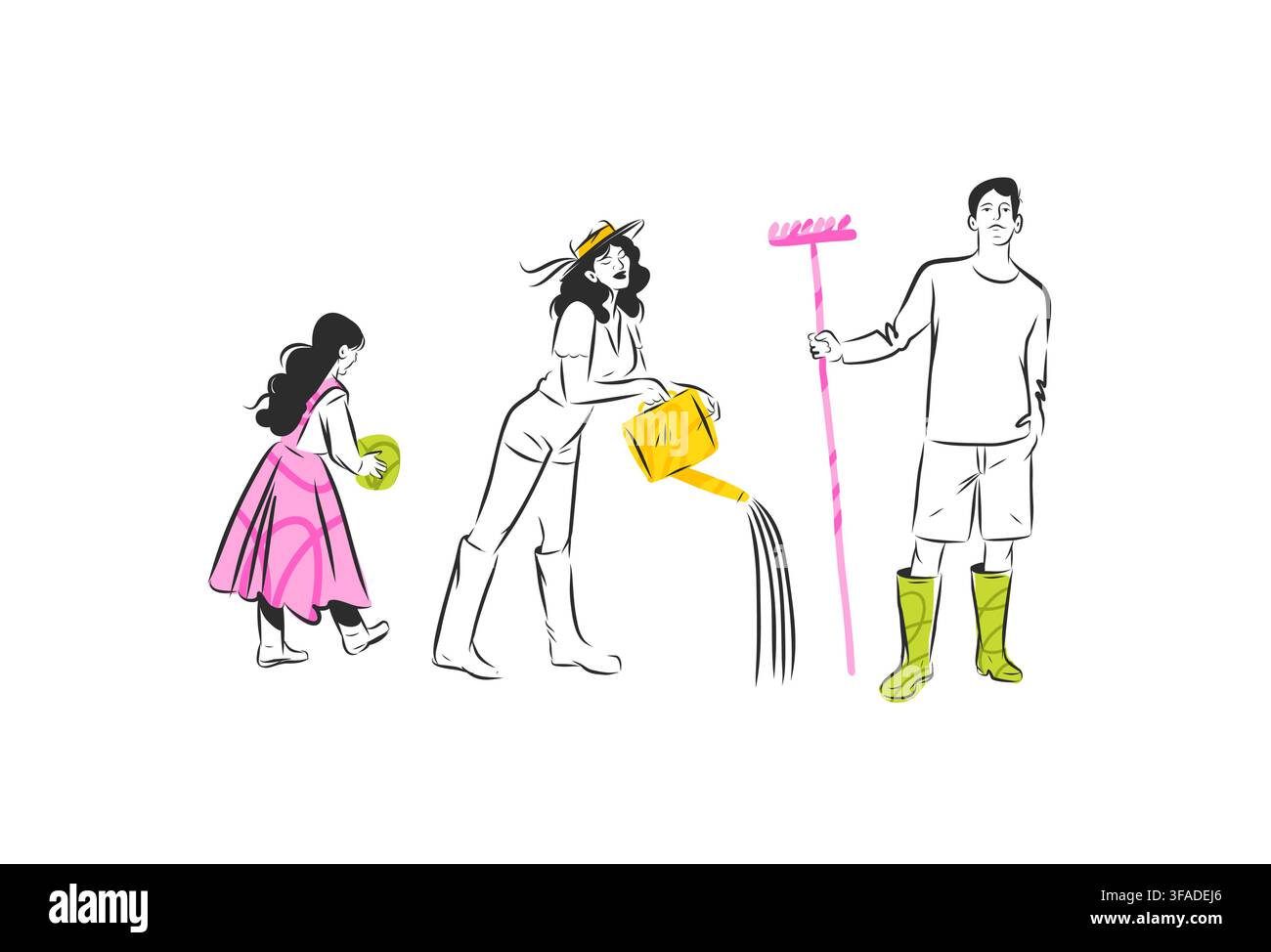 Set di persone che fanno giardinaggio con donna, uomo e bambino, giardinieri che annaffiano le piante e lavorano con attrezzi da giardino, attività primaverili all'aperto disegnate a mano Illustrazione Vettoriale