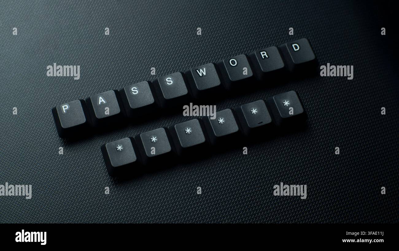 Password e caratteri a asterisco nascosti disposti con i tasti della tastiera su uno sfondo scuro e texture, adatti per la sicurezza informatica, login, privacy Foto Stock