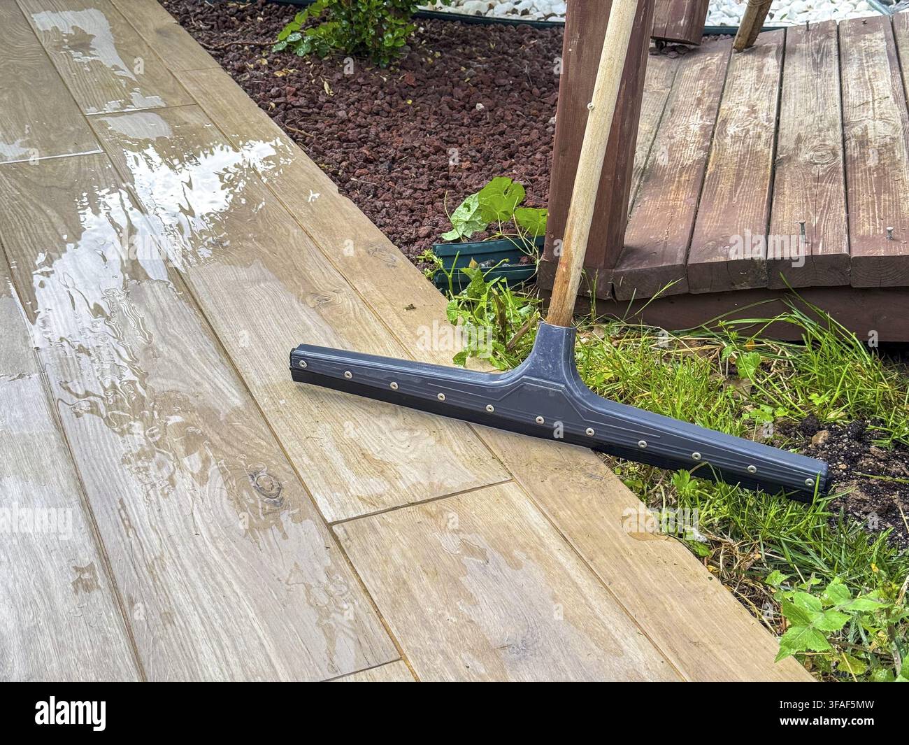 Bagnare il ponte in legno con un secchio e erba verde. Sullo sfondo è visibile un patio in legno, circondato da arbusti e piante Foto Stock