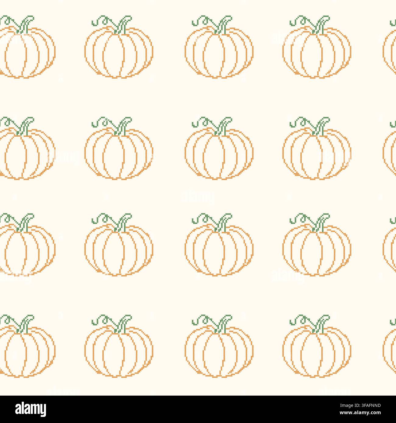 Motivo senza cuciture di ricamo a punto croce con zucca autunnale. Sfondo ripetitivo di ricamo pixelato vintage con vettore di zucca arancione fatto a mano Illustrazione Vettoriale