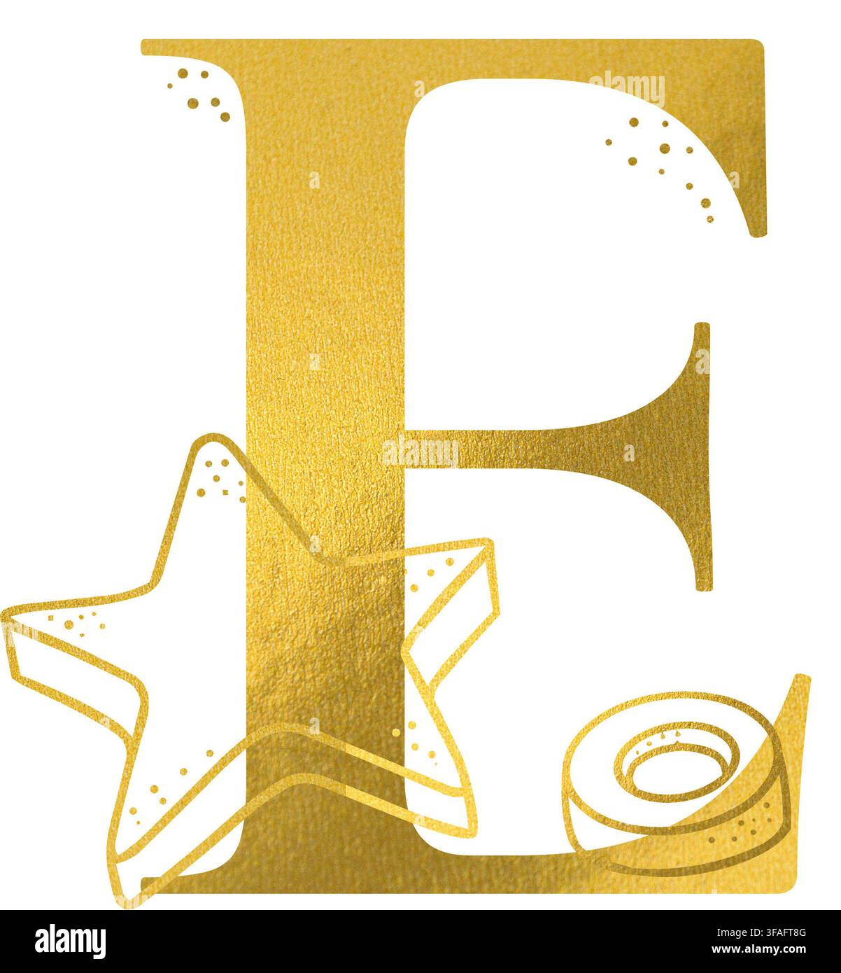 Monogramma lettera E dorata con biscotto a forma di stella disegnato a mano e illustrazione di decorazione festiva. Elemento di design elegante e lussuoso con alfabeto in oro metallizzato Foto Stock