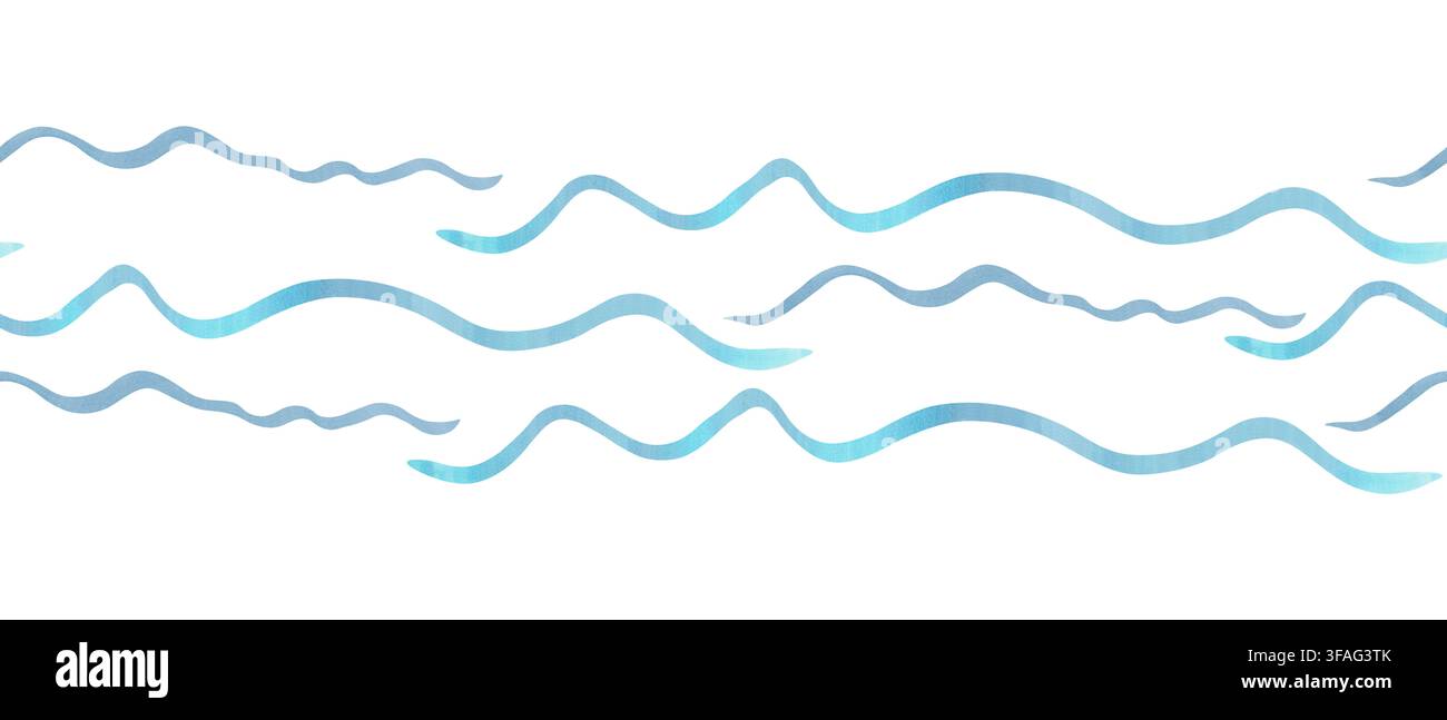 Bordo senza cuciture di linee blu ondulate. Illustrazione ad acquerello. Elementi astratti in uno stile nautico carino. Illustrazioni disegnate a mano isolate. Banner Foto Stock
