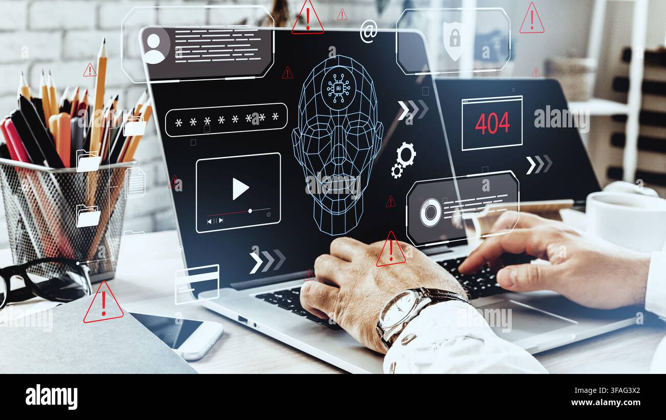 Tecnologia deep fake visualizzata su un laptop con grafici di dati in un ambiente d'ufficio Foto Stock