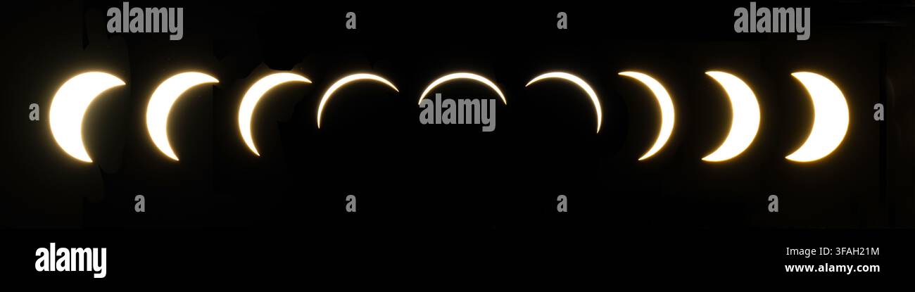 Fasi dell'eclissi solare parziale come viste a Brittany, Côtes d'Armor, Francia il 12 agosto 2026. Collage fotografico panoramico. Foto Stock
