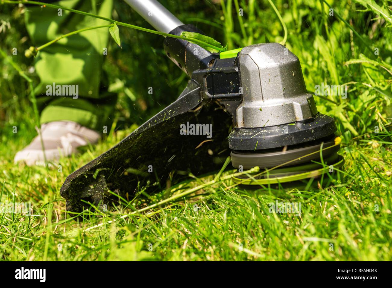 Una persona sta usando un tagliaerba per tagliare l'erba in un cortile. L'area è verde con erba alta e alcune erbacce leggere. La luce del sole splende, creando una Foto Stock