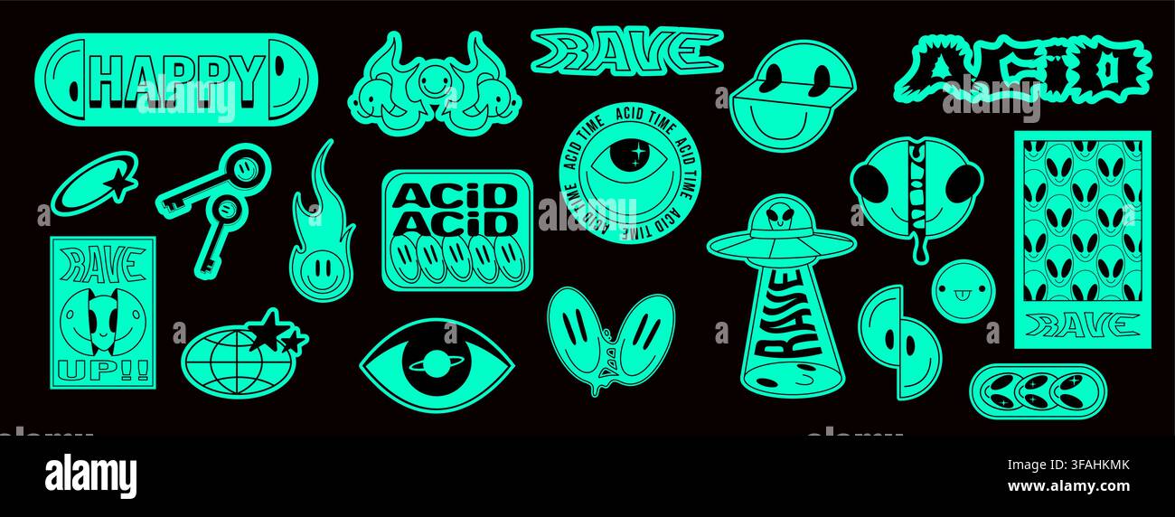 Set di adesivi Y2K rave con forme acide trippy isolate su sfondo nero. Illustrazione vettoriale di icone psichedeliche neon verdi, occhio, pianeta, timbri UFO funky per design per feste e grafiche urbane cool Illustrazione Vettoriale