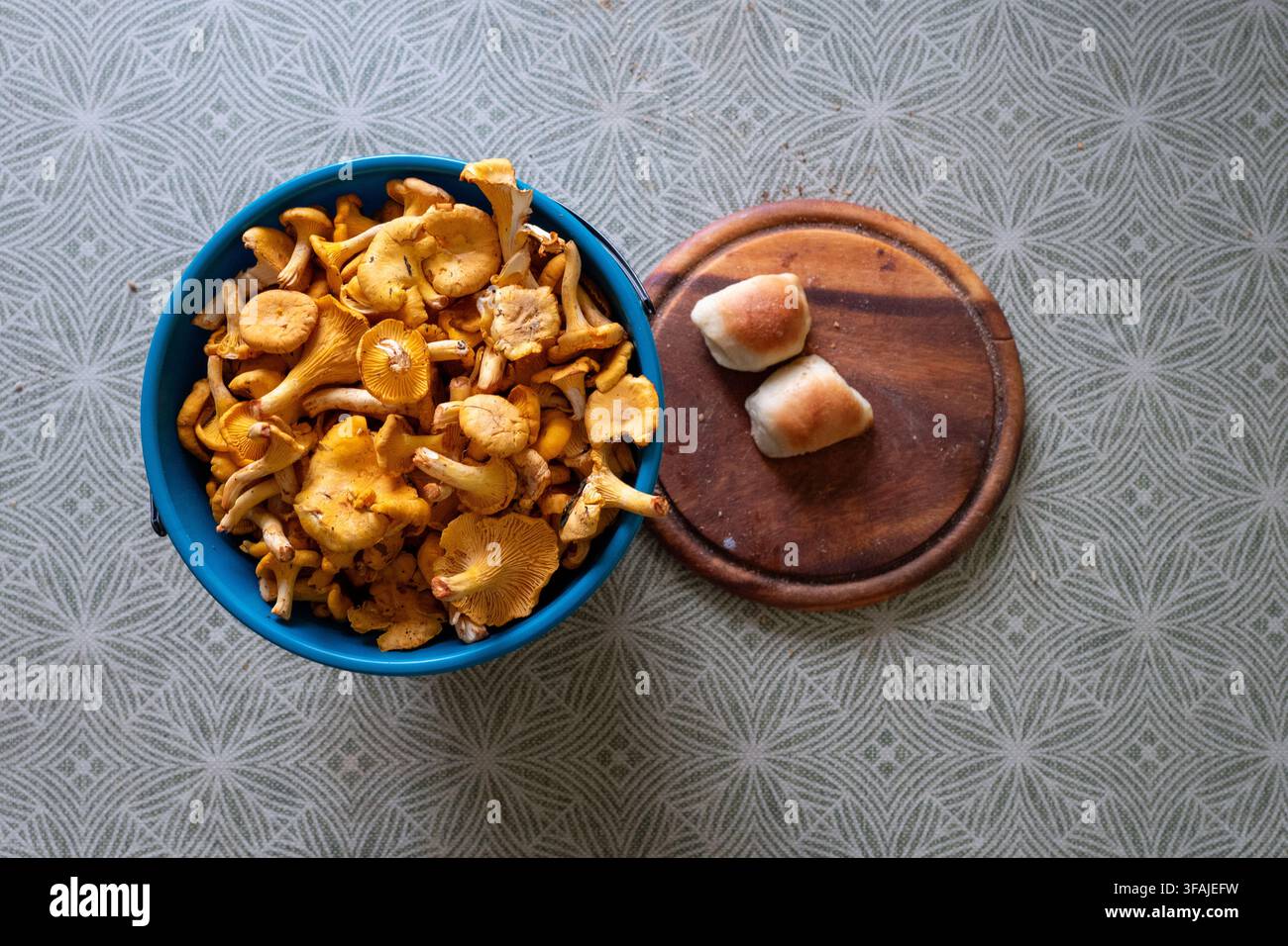 Champignon dorati freschi in una ciotola blu con panini su una tavola di legno. Foto Stock