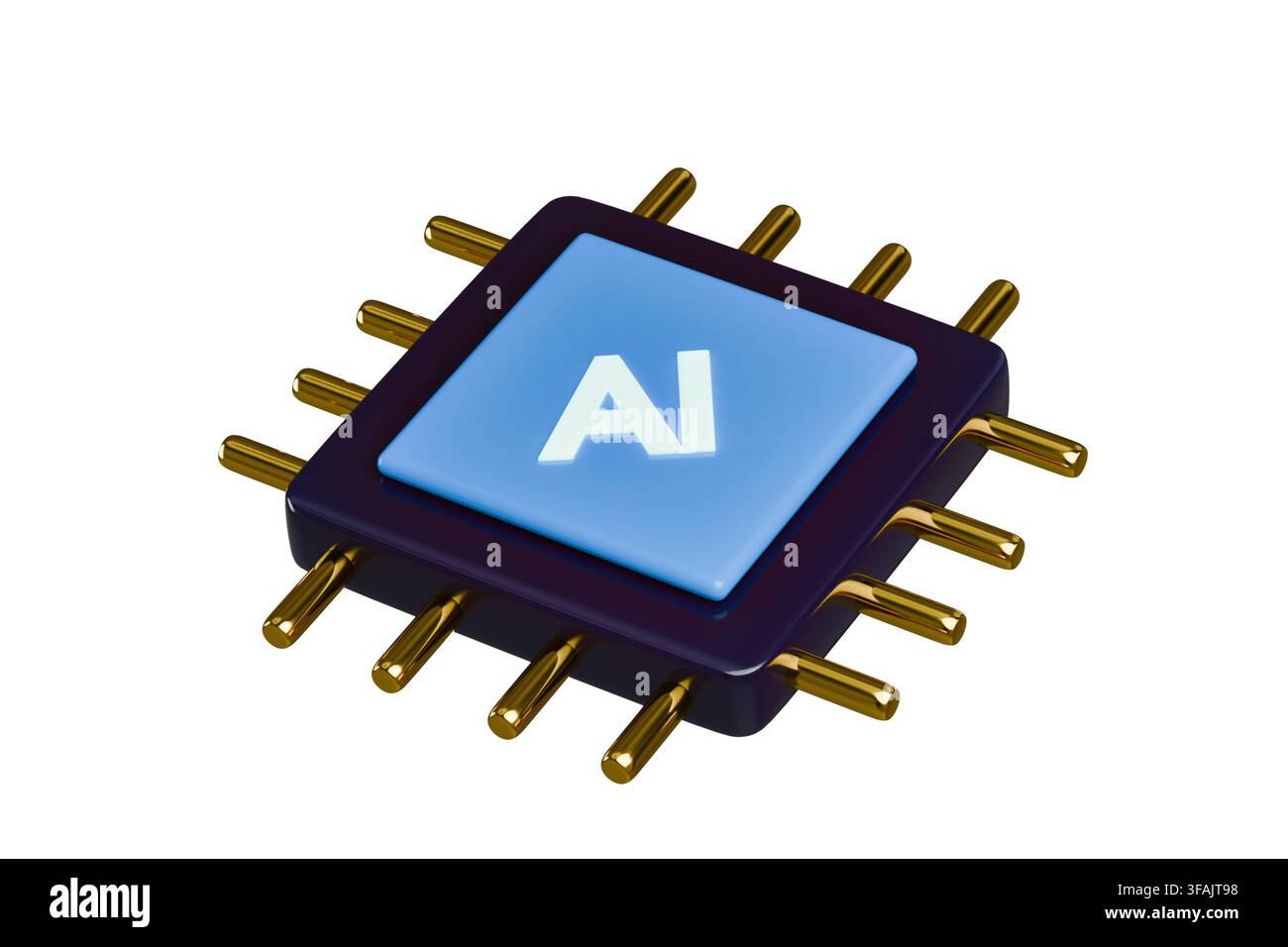 Un microchip reso in 3D con un'etichetta AI, che simboleggia l'informatica avanzata e la tecnologia moderna. Foto Stock
