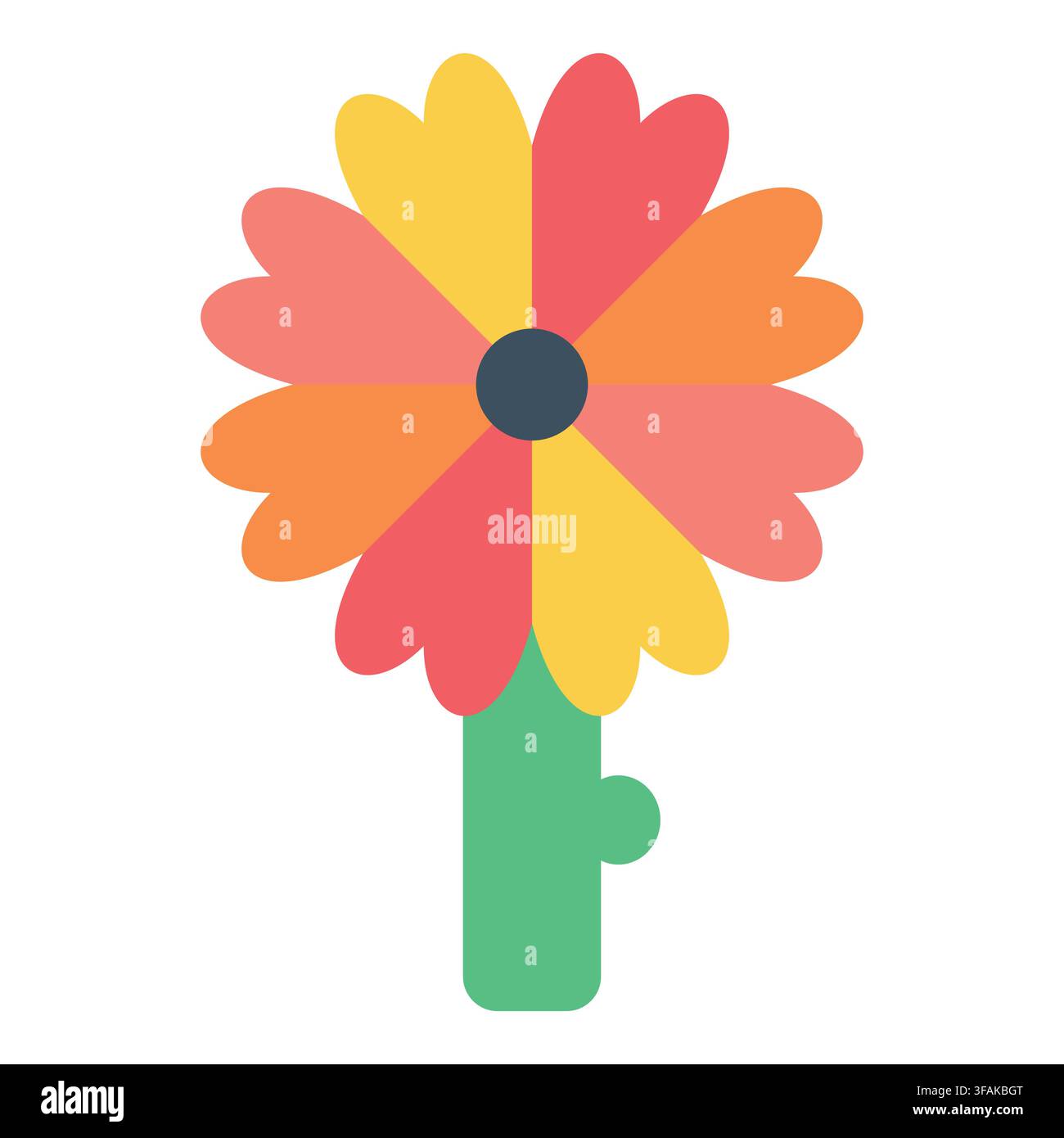 Fiore in fiore creativo con petali a forma di cuore in rosso, giallo e arancione vivaci su un robusto stelo verde. Perfetto per promozioni da giardino primaverili Illustrazione Vettoriale