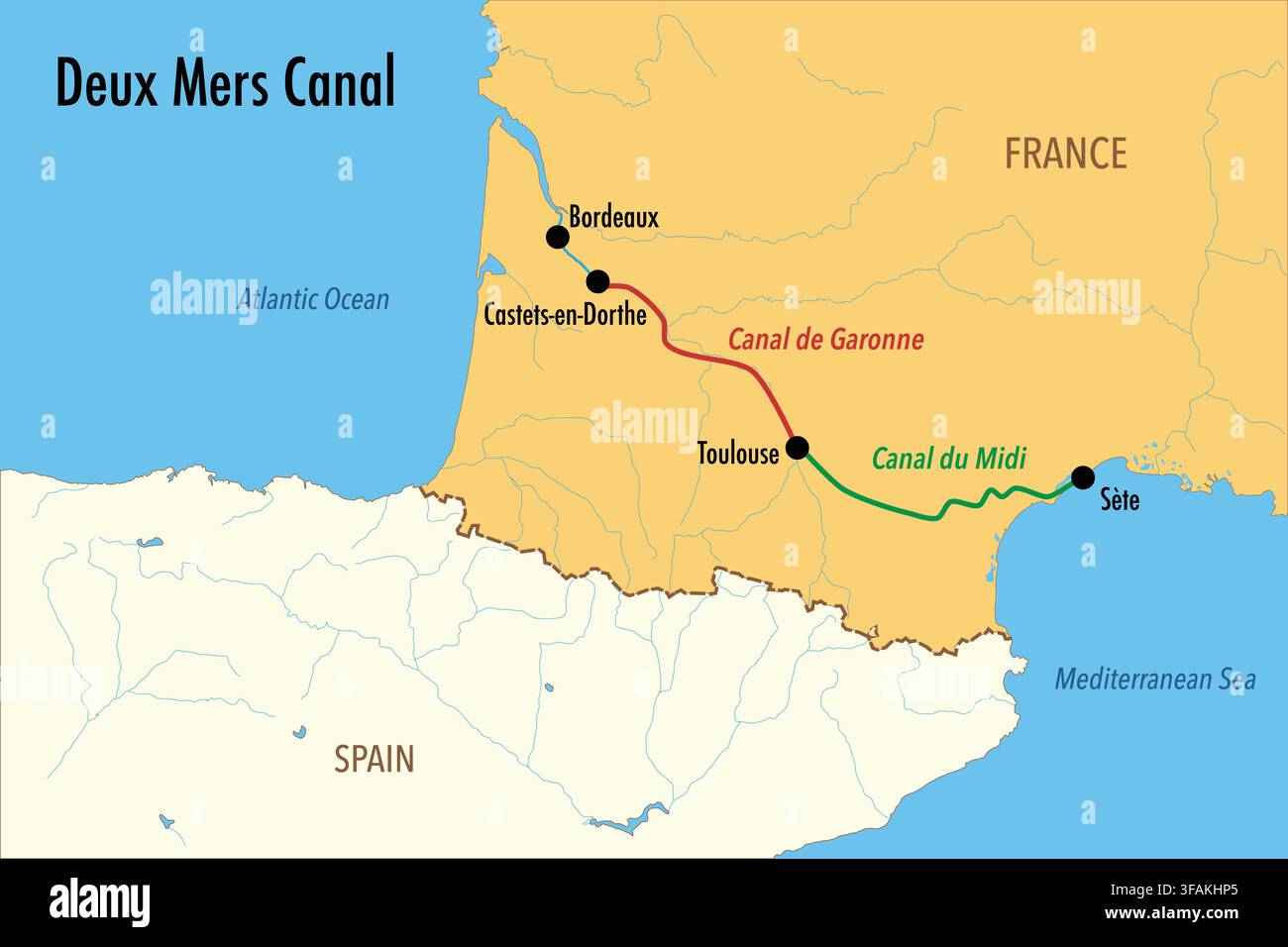Mappa del Canal des Deux Mers che mostra il Canal du Midi e il Canal de Garonne in Francia Illustrazione Vettoriale