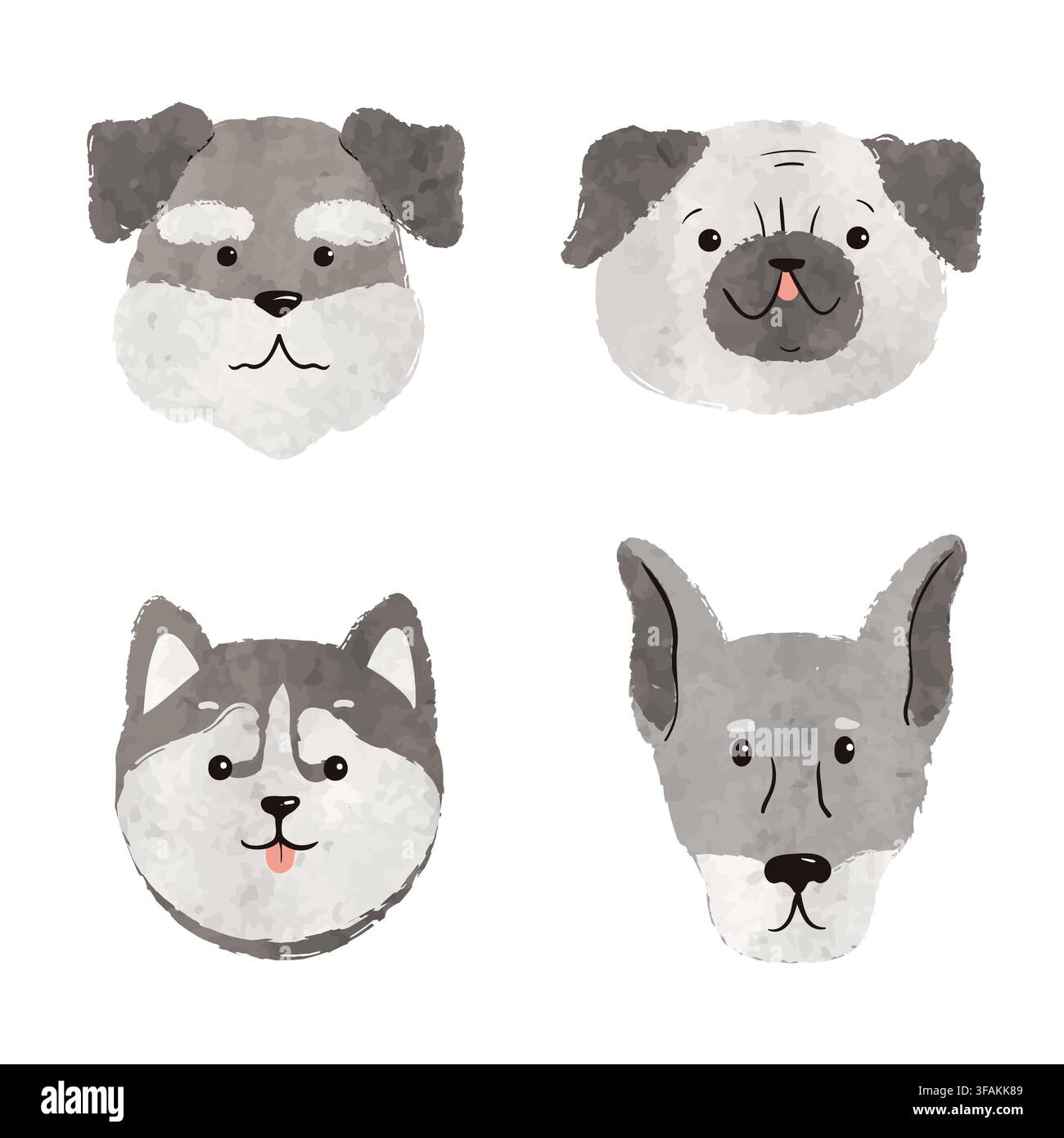 Set di facce di cani carini. Collezione di animali acquerellati vettoriali Illustrazione Vettoriale