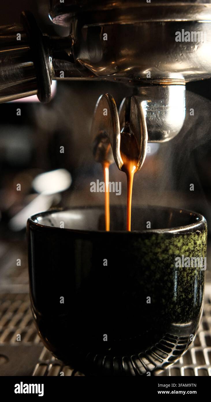 Primo piano dell'estrazione di doppio flusso di espresso che fuoriesce da un portafiltro di macchina professionale in una tazza scura con vapore che si alza. Foto Stock