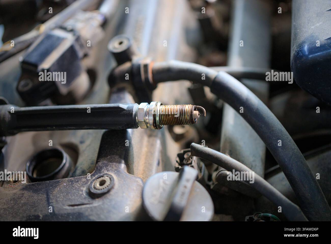 Le candele di accensione per motori a benzina che sono vecchie e scadute causeranno una combustione incompleta nel motore, in fuliggine e sporcizia. Cambiare le candele di accensione Foto Stock