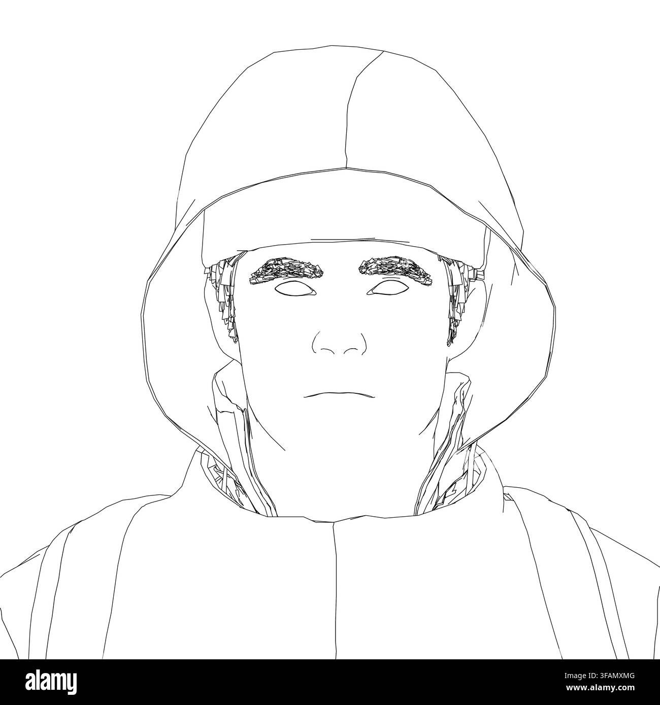 Un uomo determinato con una felpa con cappuccio invernale calda e occhiali da sole porta uno zaino. I suoi capelli corti e scuri sono coperti dal cappuccio sollevato su uno sfondo bianco semplice Illustrazione Vettoriale