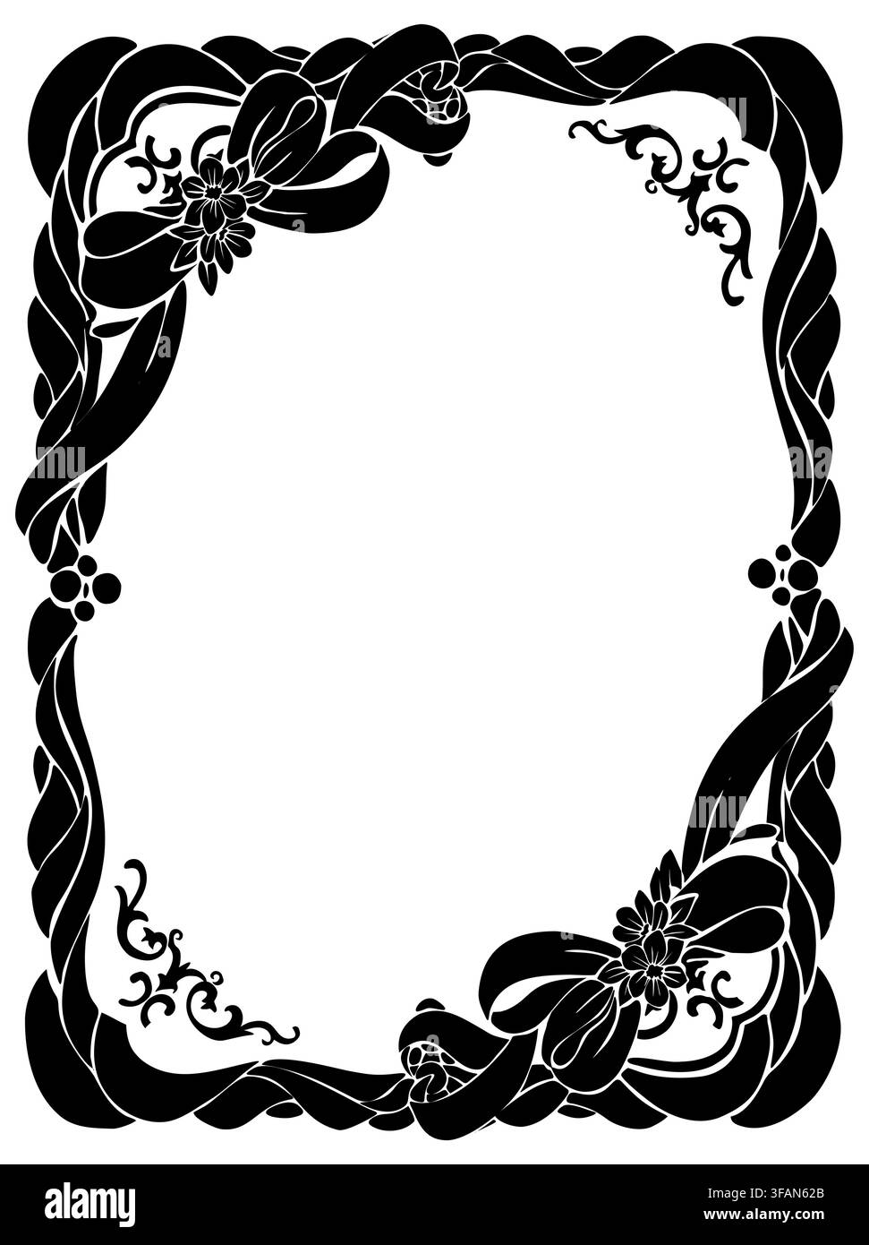 Elegante cornice nera con motivi floreali e nastri Illustrazione Vettoriale