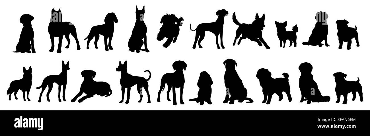 Silhouette nere di molti cani in varie pose. Illustrazione Vettoriale